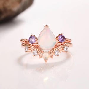 Aprilopalof April Natural Opal and Amethyst Ring Set Dainty Minimalist Crystal ...
