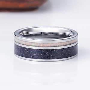 Jorge Starry Night Men&#39;s Wedding Band Tungsten Carbide Promise Ring For Him Crushed Opal Galaxy Sandstone Outer Space 8mm Unisex Wedding