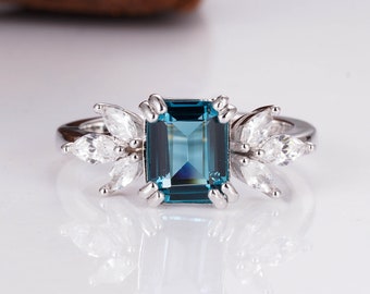 Ivy Natural London Blue Topaz Ring Sterling Silver Engagement Promise 14K Rose Gold Gemstone Anniversary Gift For Her Vintage Art Deco