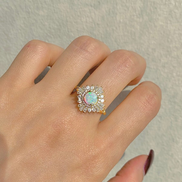 Mae 14K Rose Gold Opal Ring Fire Opal Jewelry Sterling Silver Crystal Statement Promise Gemstone Anniversary Gift For Her Rings For Women