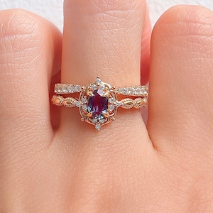 Fia Art Deco Alexandrite Ring Set 14K Rose Gold Rings For Women Gemstone Crystal Statement Promise Vintage Sterling Silver Engagement Stack