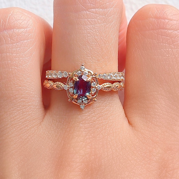 Fia Art Deco Alexandrite Ring Set 14K Rose Gold Rings For Women Gemstone Crystal Statement Promise Vintage Sterling Silver Engagement Stack