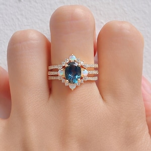 Cassie Peacock Sapphire and Opal Promise Ring Set Engagement Rose Diamond Vintage 14K Gold Filled Natural Statement Anniversary Gift For Her