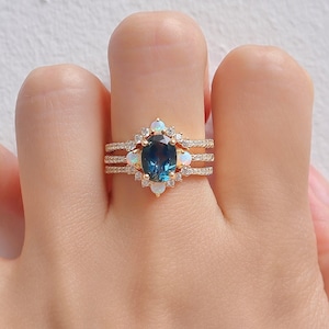 Cassie Peacock Sapphire and Opal Promise Ring Set Engagement Rose Diamond Vintage 14K Gold Filled Natural Statement Anniversary Gift For Her
