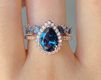 Nia Natural London Blue Topaz Ring Set 14K Rose Gold Filled Engagement Statement November Anniversary Gift For Her Birthday Vintage Stacking