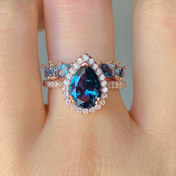 Nia Natural London Blue Topaz Ring Set 14K Rose Gold Filled Engagement Statement November Anniversary Gift For Her Birthday Vintage Stacking