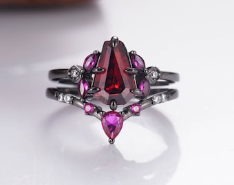 Skye Coffin Deep Red Garnet Ring Set Gothic Pink Sapphire Black Sterling Silver Engagement Ring For Woman Unique Gothic Promise For Her