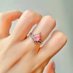 Qai Kite Strawberry Quartz Ring Set Engagement Promise September Birthstone Anniversary Gift For Her Sterling Silver Natural Raw Gemstone