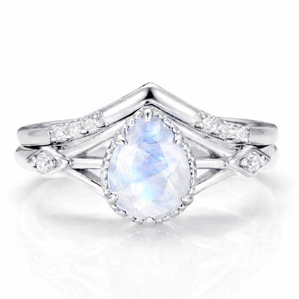 Conjunto de anillos de piedra lunar celta Emily: anillo de compromiso nupcial de moissanita en plata de ley 925. Regalo hecho a mano para ella. Joyería de boda única.