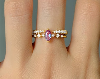 Ava Alexandrite Ring Set For Women 14K Rose Gold Filled Rings Gemstone Crystal Dainty Statement Promise Engagement Sterling Silver Stacking