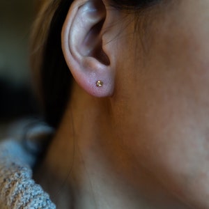 May include: A close-up of a person's ear with a small gold stud earring.