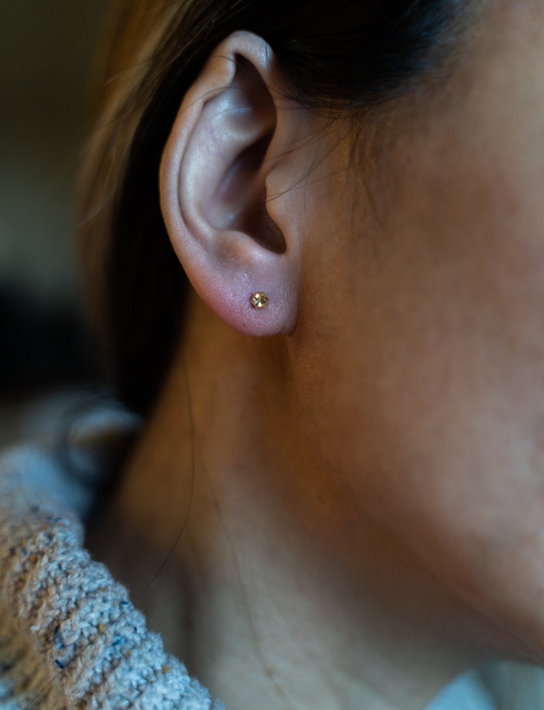 May include: A close-up of a person's ear with a small gold stud earring.