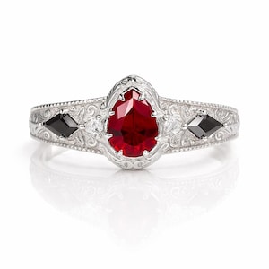 Carmilla Ruby & Moissanite Black Onyx Ring – 14K White Gold or Sterling Silver Gothic Engagement Ring Vampire Fantasy Jewelry Goth Gothic