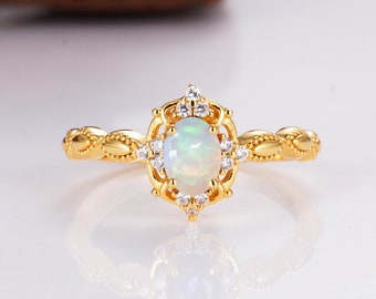 Fia Vintage Natural Opal Ring 14K Yellow Gold Vermeil Silver Engagement Promise Ring October Birthstone Wedding 925 Anniversary Gift For Her