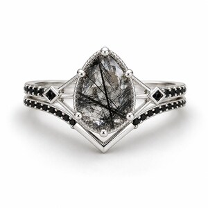 Joia Celtic Rutilated Quartz Black Diamond Engagement Ring Set - Sterling Silver Unique Vintage Promise Ring - Gemstone Jewelry Gift For Her