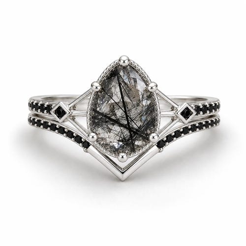 Joia Celtic Rutilated Quartz Black Diamond Engagement Ring Set - Sterling Silver Unique Vintage Promise Ring - Gemstone Jewelry Gift For Her