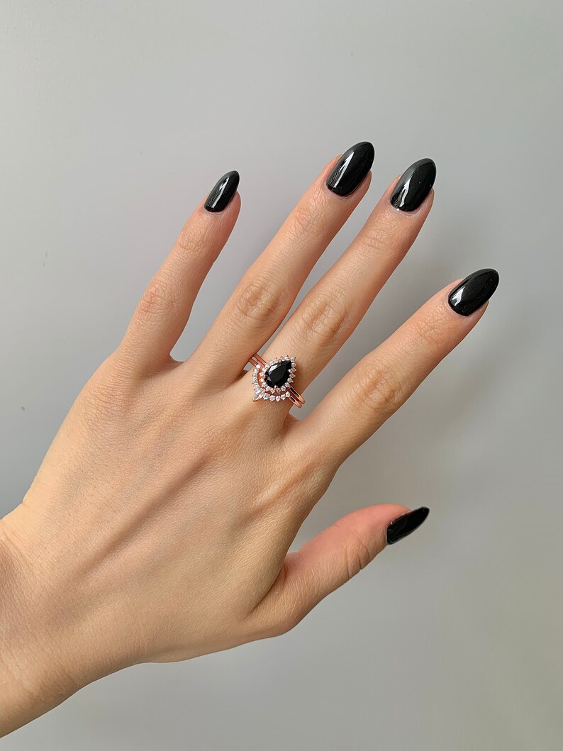 Asa Black Diamond Ring Set 14K Rose Gold Vermeil Ring Set Etsy