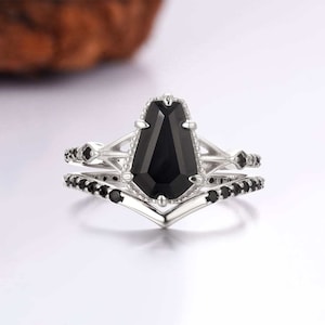 Kim Vintage Coffin Black Onyx Ring Set Sterling Silver Birthday For Women Promise Engagement Gift Her Dainty Natural Size 11 12 13 14 4 5
