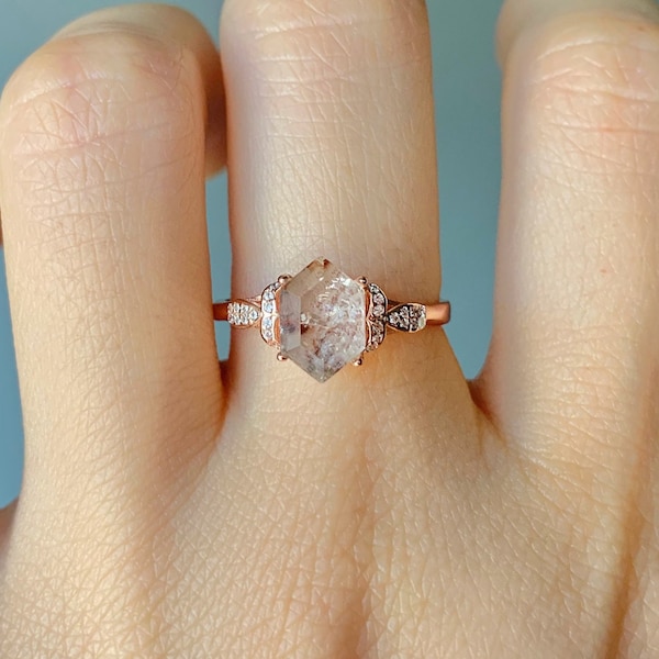 Nyi Galaxy Raw Burn Diamond Ring Rutilated Quartz Engagement Ghost Quartz Unique Bridal Diamond Promise 14K Rose Gold Vermeil Vintage Wife