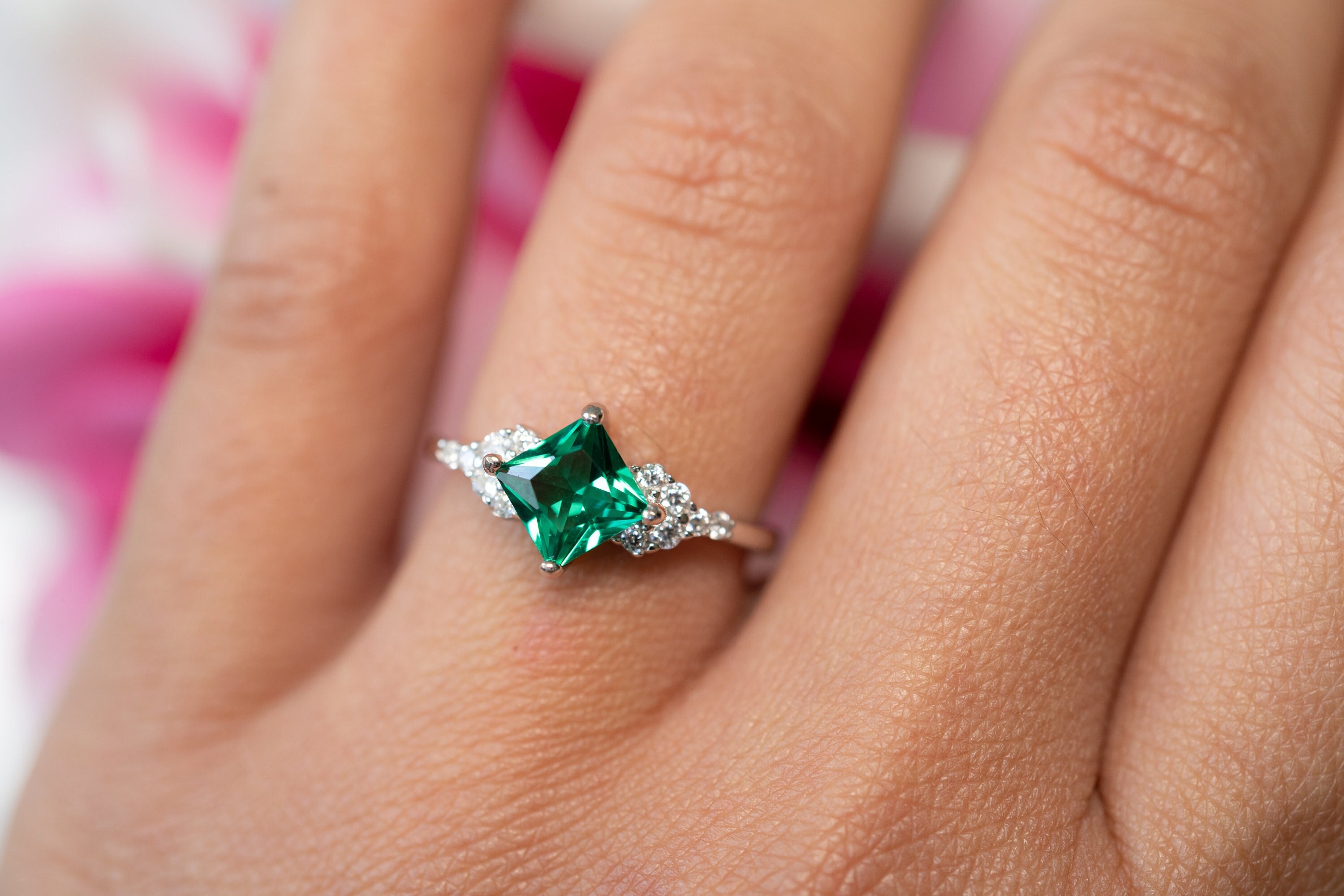 Martha Art Deco Emerald Ring Sterling Silver Engagement Ring Gold Filled Promise Statement Gemstone Crystal Vintage Anniversary Gift For Her