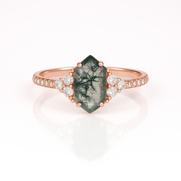 Maui Vintage Green Moss Agate Ring Sterling Silver 925 Natural Engagement Promise Statement 14K Rose Gold Gemstone Anniversary Gift For Her