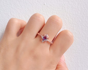 Fia Art Deco Alexandrite Ring 14K Rose Gold Rings For Women 14K Gold Promise Vintage Sterling Silver Engagement Gift For Her Wife Mom Sister