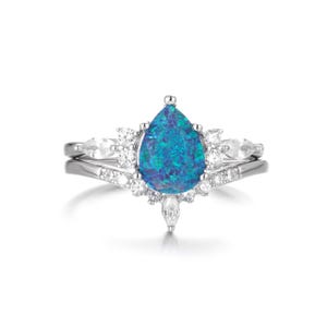 Erinry Teal Blue Fire Opal Engagement Ring For Women Set - 925 Sterling Silver Promise Ring Wedding Unique - October Birthstone Gift For Her