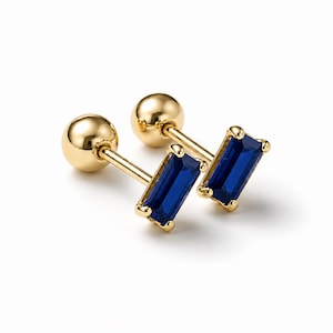 Pia Solid 14K Gold Sapphire Stud Earrings – Minimalist Baguette Gemstone Jewelry