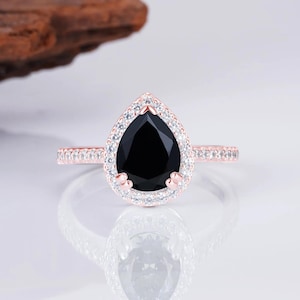 Nia Natural Black Diamond Ring 14K Rose Gold Vermeil Vintage Engagement Promise December Birthstone Black Onyx Anniversary Gift For Her