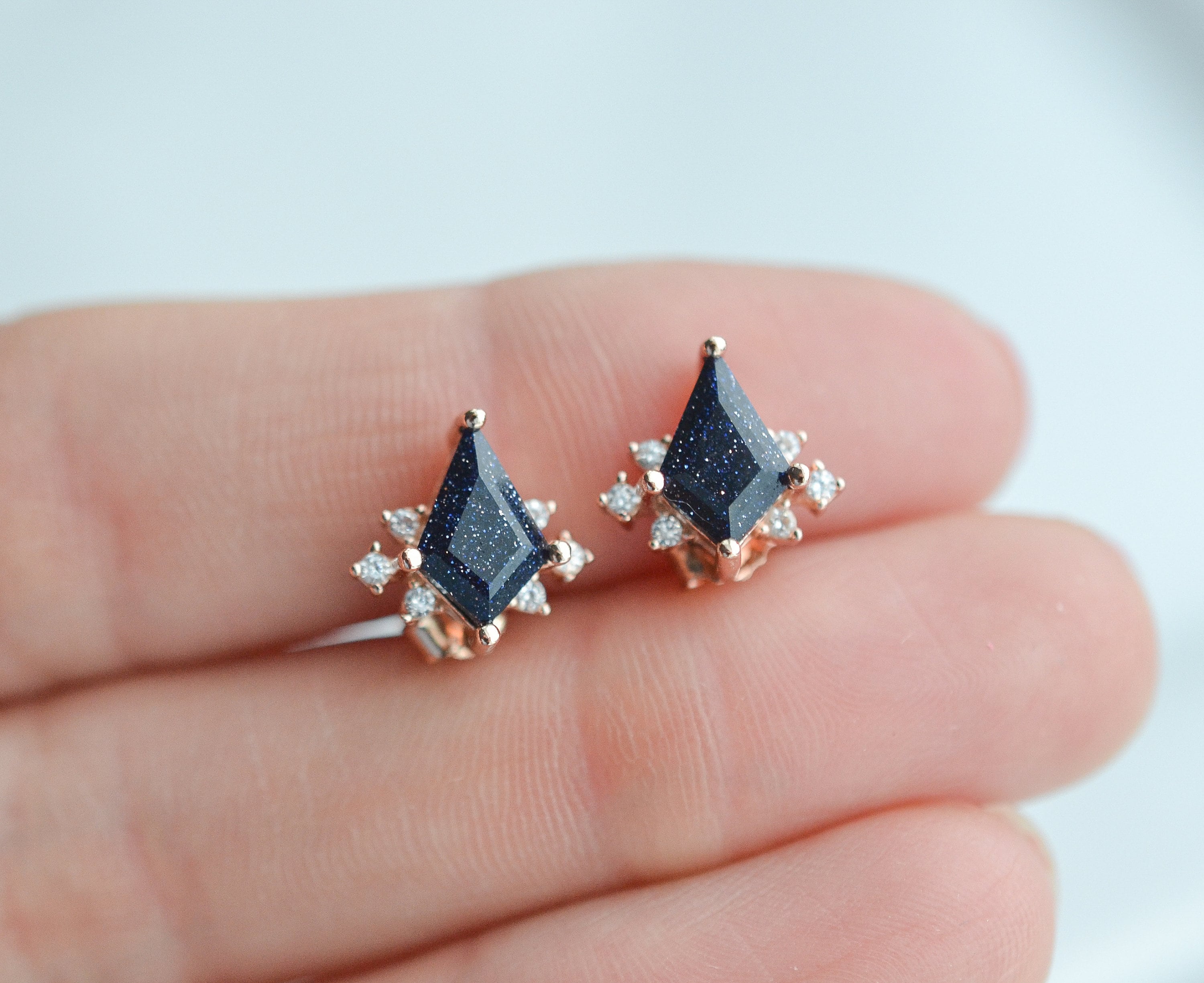 Qai Kite Blue Sandstone Earrings Nebula Sterling Silver Promise Anniversary Gift For Her Outer Space Art Deco Vintage Sand Stone Rose Gold