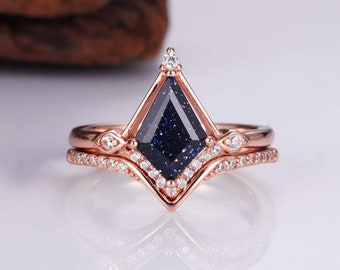 Dania Kite Galaxy Sandstone Ring Set - Unique Promise Ring For Her Orion Nebula Ring - Rose Gold Engagement Ring Set Wedding Gift For Her