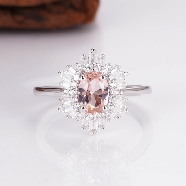 Ara Morganite Ring Engagement Ring Promise Engagment Pink Anniversary Birthday Gift For Her Vintage Diamond Sterling Silver Rings For Women