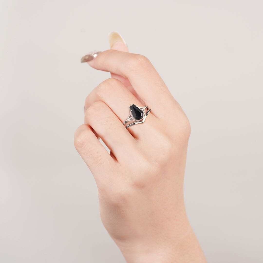 Kim Celtic Coffin Black Diamond Ring Set Sterling Silver Rings For Women Black Onyx Gemstone Gift For Her Dainty Statement Jewelry Natural