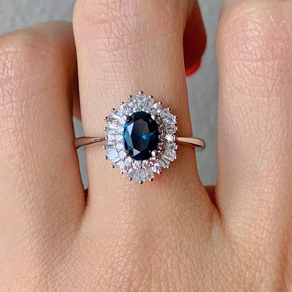 Ara Peacock Sapphire Ring Engagement Ring Promise Ring CZ Anniversary Birthday Gift For Her Vintage 925 USA Sterling Silver Rings For Women