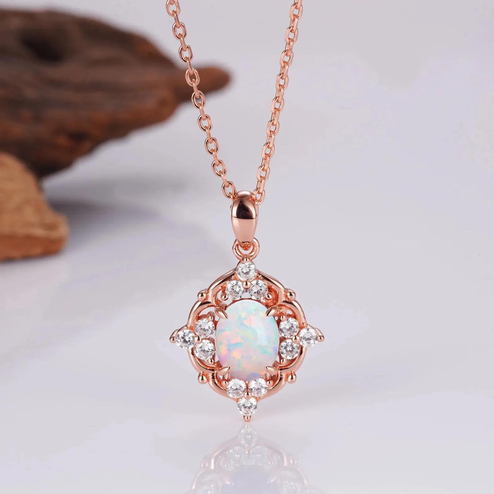 Collar de ópalo Fia: delicado colgante de ópalo relleno de plata de ley o oro rosa. Joya con piedras preciosas, regalo para su cumpleaños o aniversario. Estilo vintage.