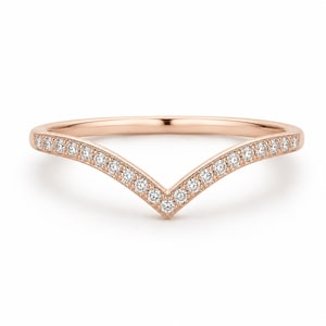 Anillo de bodas curvo Jenna en oro rosa vermeil de 14 k con corona de plata esterlina y triángulo de chevron a juego, regalo vintage para ella.