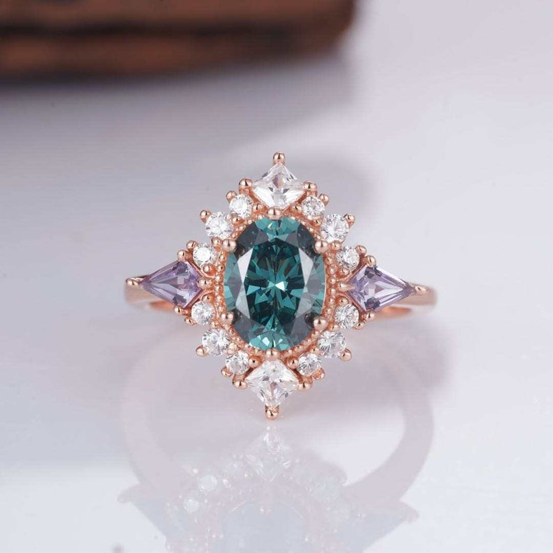 Moria Teal Sapphire Promise Ring Amethyst 14K Rose Gold Filled Peacock Engagement Art Deco Gemstone Statement Anniversary Gift For Her 925 image 1