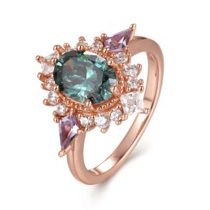Moria Teal Sapphire Promise Ring Amethyst 14K Rose Gold Filled Peacock Engagement Art Deco Gemstone Statement Anniversary Gift For Her 925 image 4