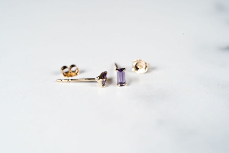 Pia 14K SOLID GOLD Amethyst Small Stud Earrings 1 Pair of 14K Solid Gold Stud Earrings Real Gold Earrings Gift for Her February Birthstone image 1