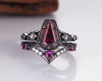 Atra Natural Pink Sapphire Garnet Ring Set Gothic Black Sterling Silver Engagement For Woman Unique Goth Birthday Dainty Promise For Her