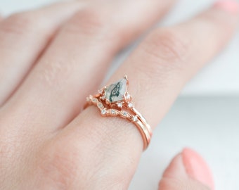 Qai Vintage Green Moss Agate Ring Set Sterling Silver 925 Natural Agate Engagement Promise Rose Gold Gemstone Anniversary Gift For Her Wife