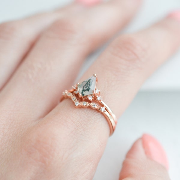 Qai Vintage Green Moss Agate Ring Set Sterling Silver 925 Natural Agate Engagement Promise Rose Gold Gemstone Anniversary Gift For Her Wife