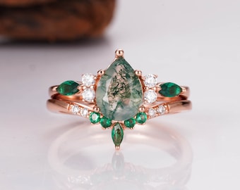 Morgan Green Moss Agate Ring Set - 14K Rose Gold Filled Natural Agate Engagement Promise Ring - Gemstone Jewelry - Anniversary Gift For Her