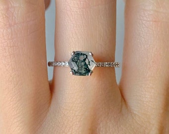 Ura Moss Agate Ring Quartz Sterling Silver Ring Natural Hexagon Cut Anniversary Gift For Her Birthday Vintage Art Deco Gemstone Crystal Real