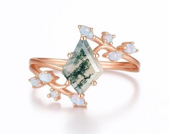 Jeni Moss Agate Branch Ring Austrilian Opal Engagement Kite Cut Promise 14K Rose Gold Anniversary Gift For Her Wife Rings For Women Leaf 925