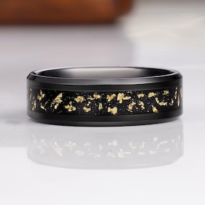 Issac Nebula Men&#39;s Wedding Ring Black 14K Gold Leaf Vintage Tungsten 8mm Man Comfort Fit Birthday Anniversary Gift For Him Band Unique Matte