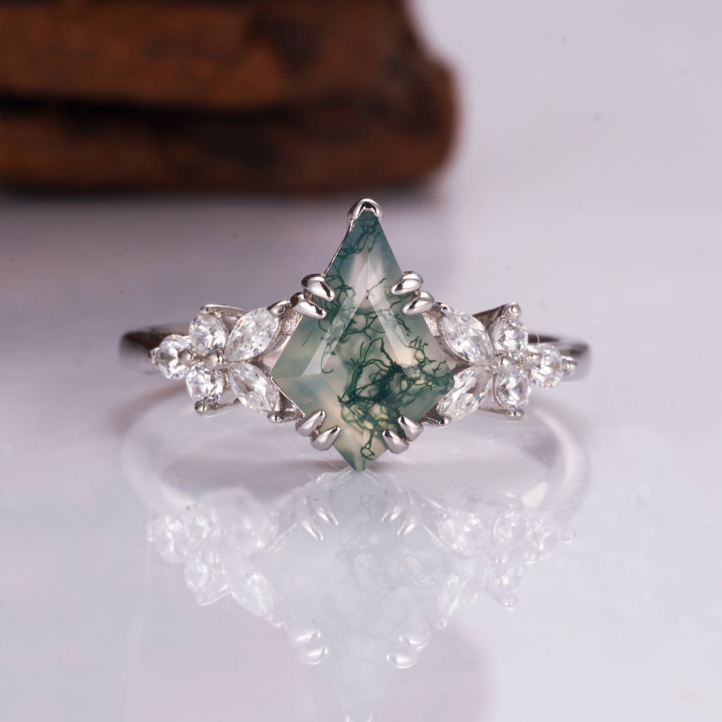 Moxie Vintage Green Moss Agate Ring Sterling Silver Natural Engagement Promise Statement Gemstone Anniversary Gift For Her Birthday Dainty