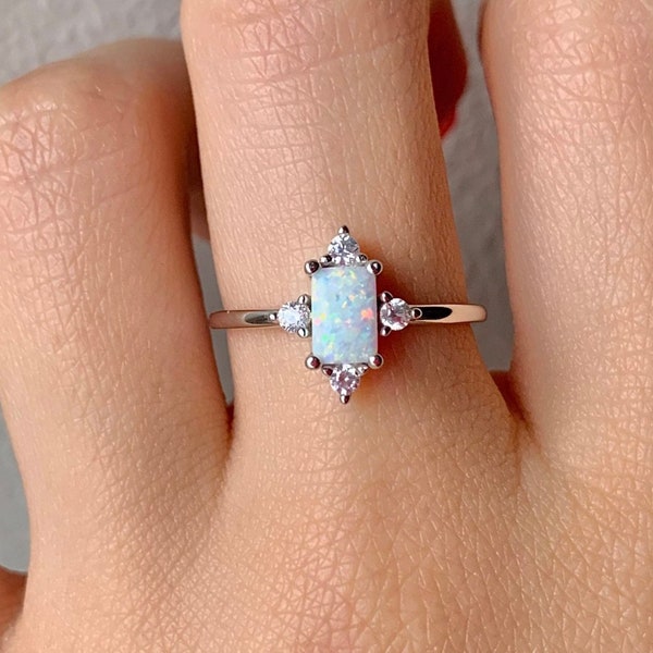 Sia Natural Opal Ring 14K Rose Gold Filled Natural Vintage Baguette Diamond Sterling Silver Jewelry Gift For Her Promise Dainty Crystal 925