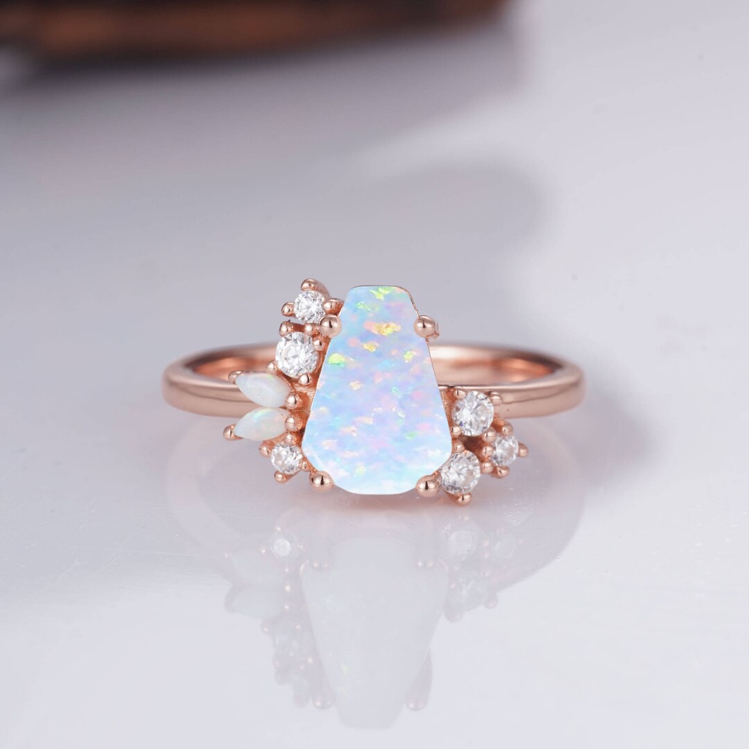 Gari Vintage Opal Coffin Moissanite Ring Engagement 925 14K Rose Gold