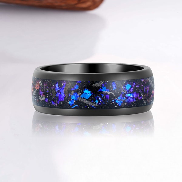 Cory Orion Nebula Men's Wedding Band Anniversay Natural Fire Opal & Blue Sandstone Husband Tungsten Outer Space Ring Promise Gift For Him